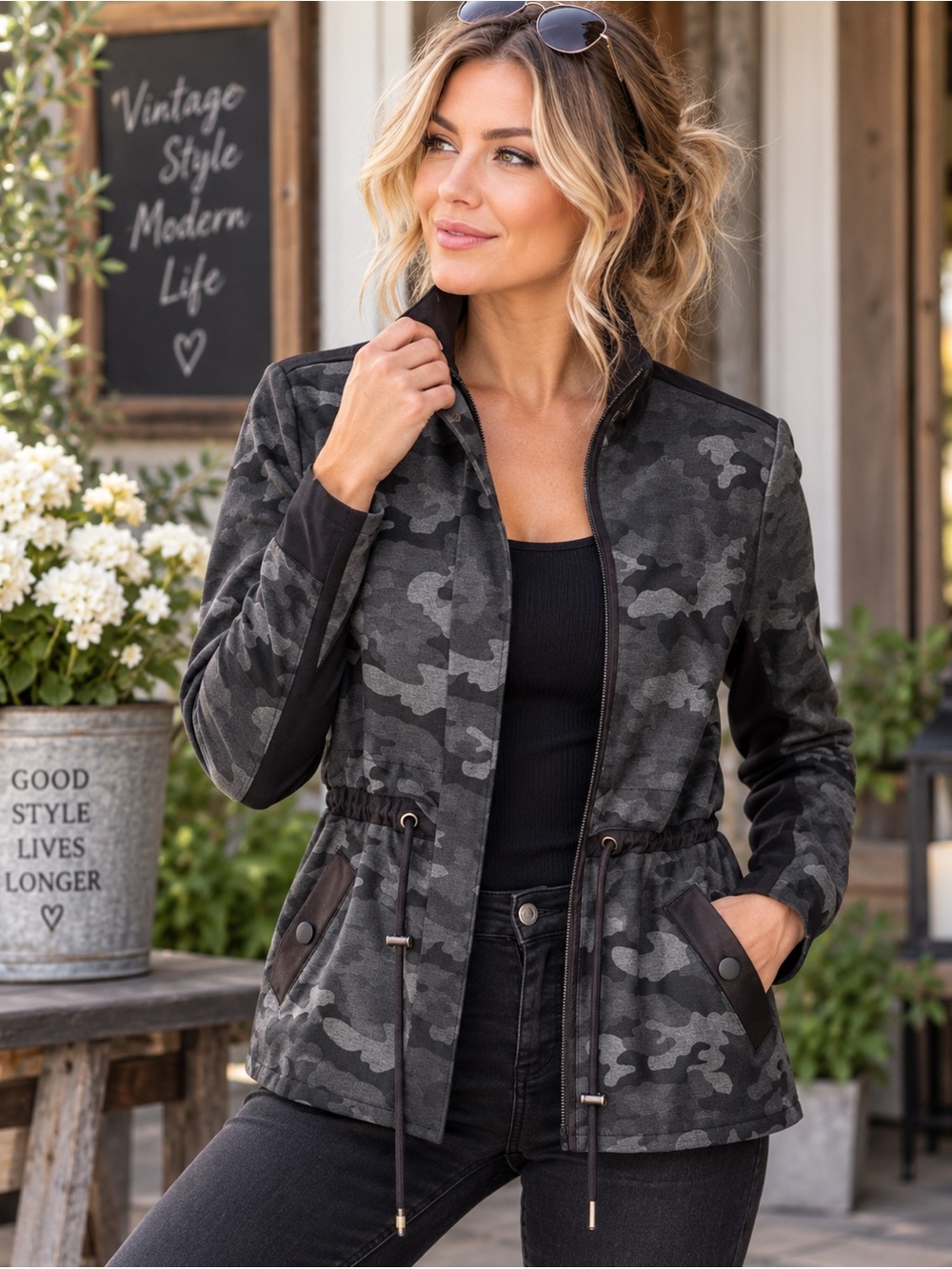 CAbi ATC Camo Jacket #3911 Black Grey Cinch Waist Utility Jacket